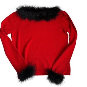 Vintage Red Black Feather Collar sleeve Sweater Holidays Photoshoot Sz M petite